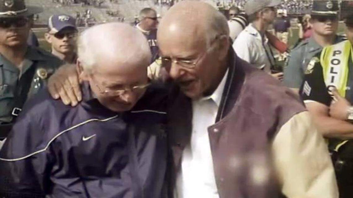 
A TV ad shows Republican Sen. Pat Roberts (right) talking with Kansas State University football coach Bill Snyder and has Snyder endorsing Roberts.

