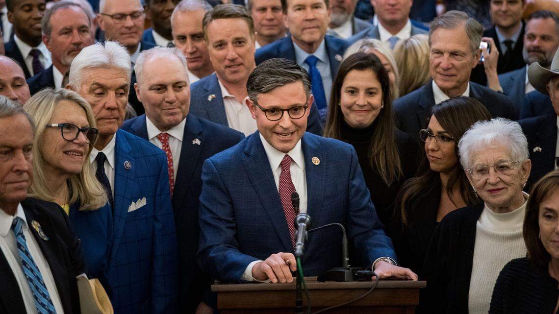 Rep. Mike Johnson, R-La., speaks after he was chosen as the Republicans latest nominee for House speaker at a Republican caucus meeting at the U.S. Capitol in Washington, D.C., on Tuesday, Oct. 24, 2023. The seat has been vacant since Speaker Kevin McCarthy was voted out of the job earlier in the month in a move led by a group of hardline House conservatives.