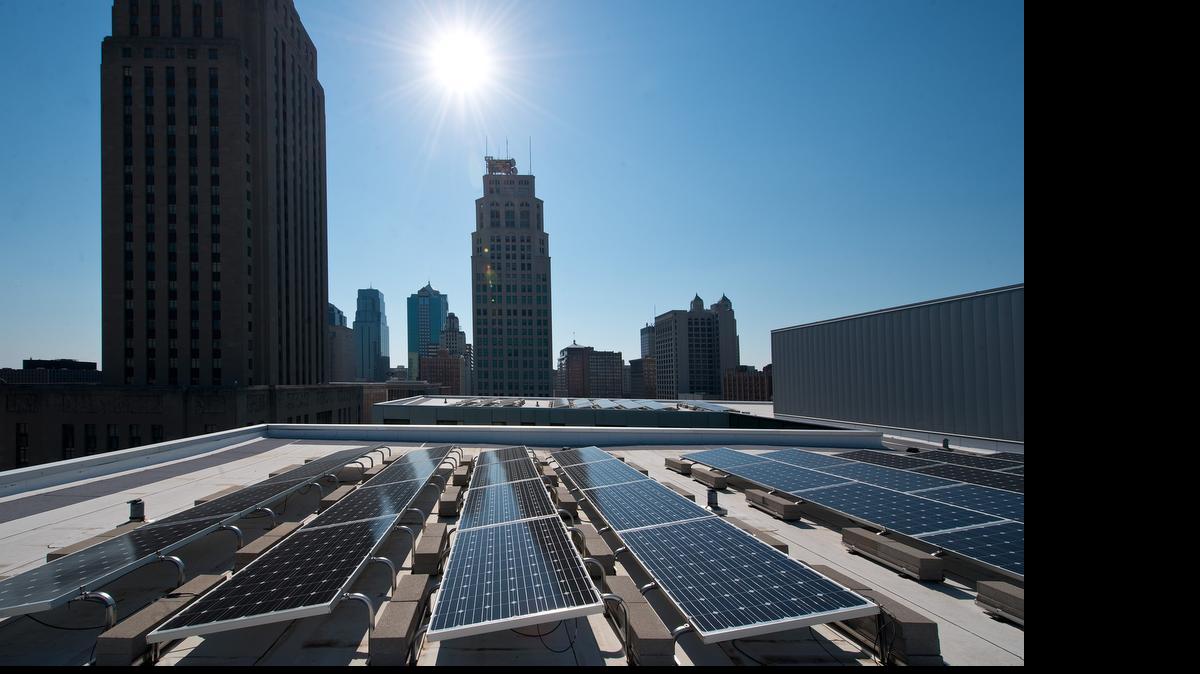 
Solar arrays atop the J.E. Dunn Construction headquarters at 1001 Locust St. in downtown Kansas City were installed in January 2012.

