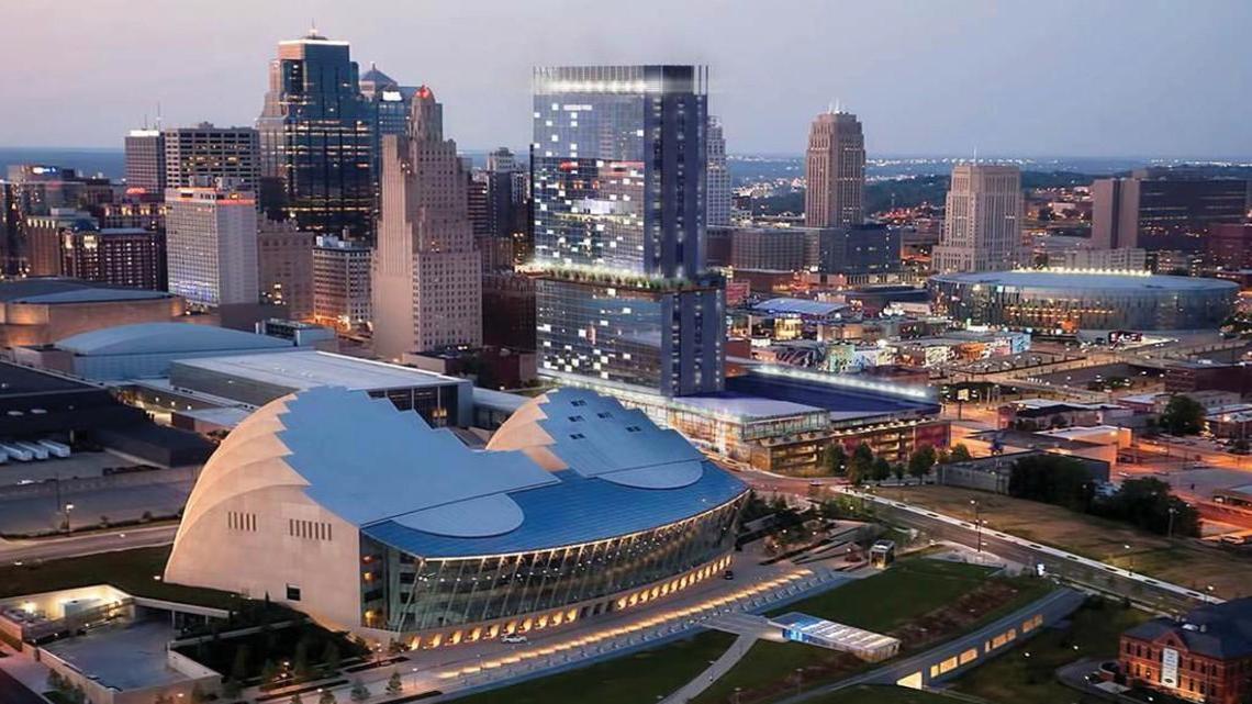
An architect’s drawing shows the planned 800-room Hyatt downtown convention hotel between the Kauffman Center for the Performing Arts (left) and the Sprint Center.

