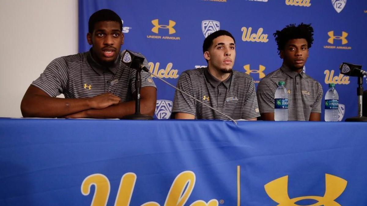 UCLA basketball player Cody Riley (left) read his statement as he was joined by teammates LiAngelo Ball (center) and Jalen Hill during a news conference Wednesday at UCLA Wednesday in Los Angeles.