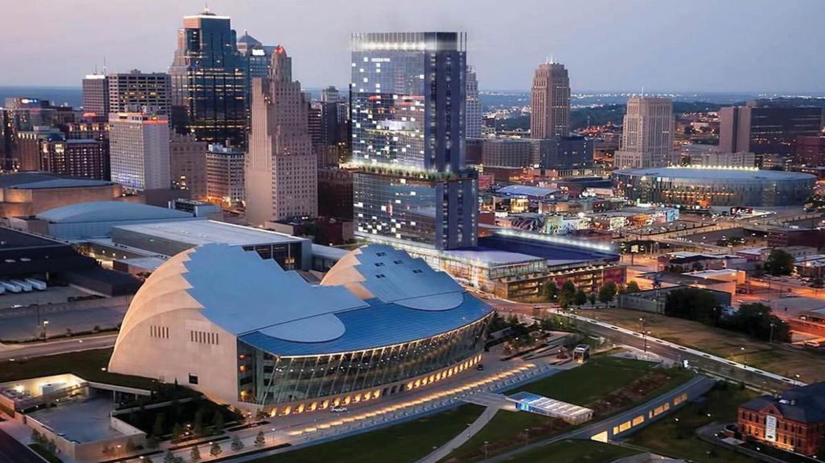Plans call for a $311 million Hyatt hotel to be built between the Kauffman Center for the Performing Arts (left) and the Power & Light District in downtown Kansas City. A group that opposes the plan has filed suit, seeking a court order to place the hotel plan before voters next year.