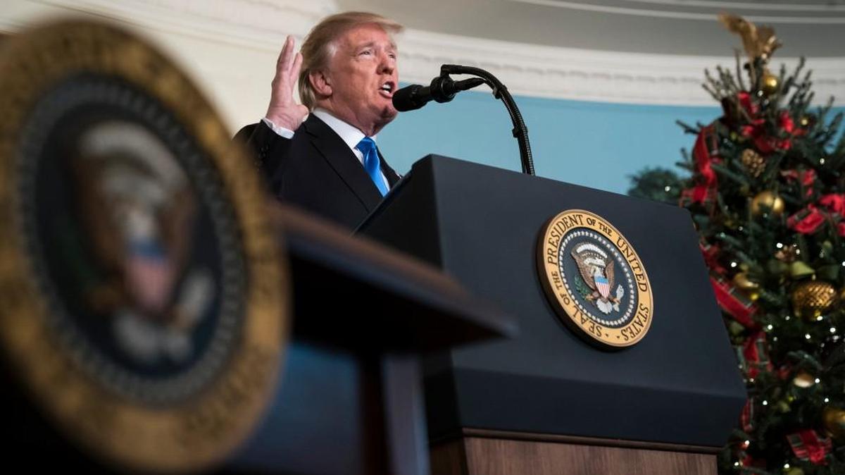 President Trump spoke Wednesday in the Diplomatic Reception Room of the White House about Israel policy.