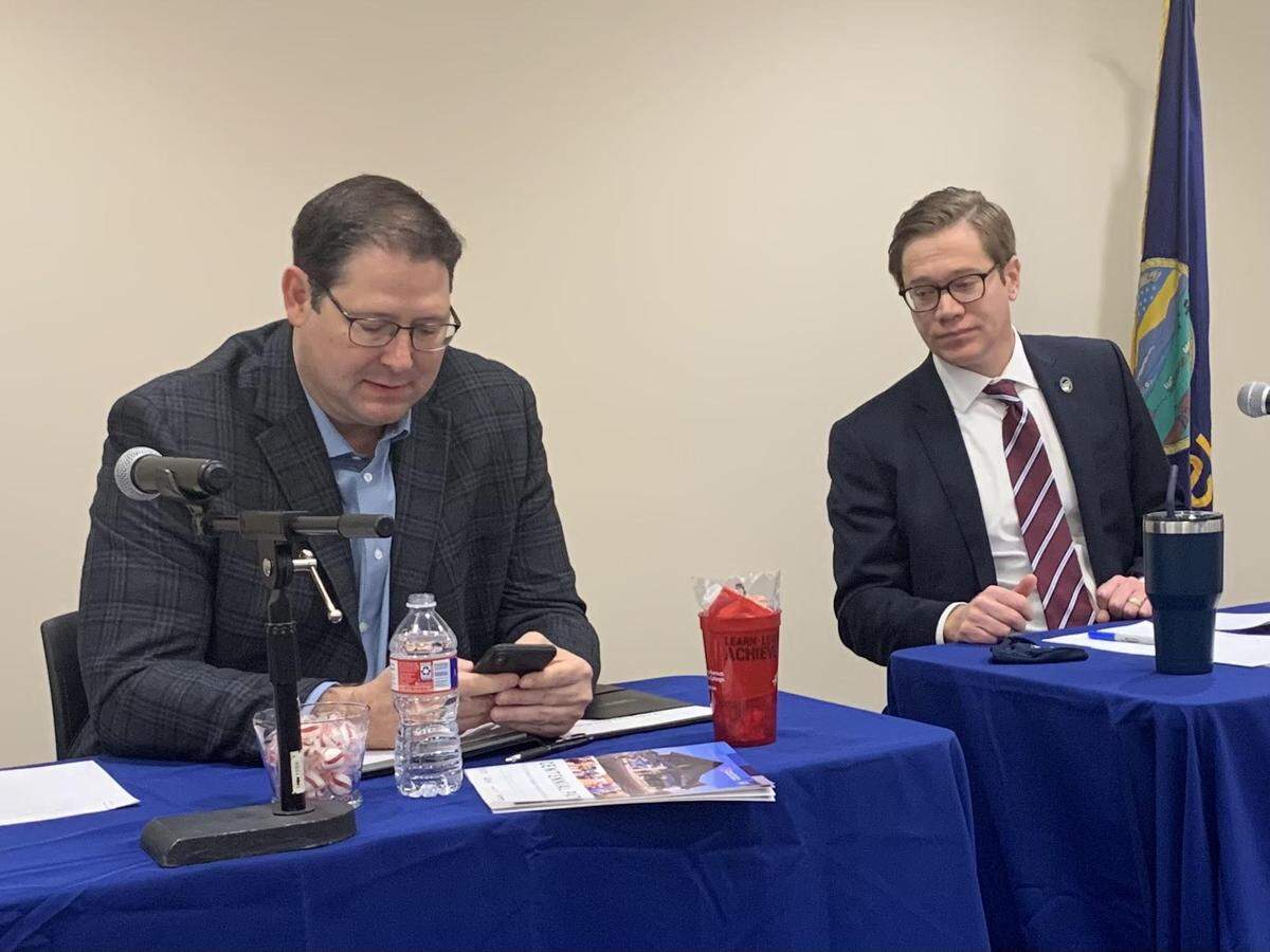 Kansas House Speaker Ron Ryckman, left, and Lt. Gov. David Toland as the SPARK task force meeting got underway on Monday. SPARK will recommend how Kansas spends $1.6 billion in federal COVID-19 aid.