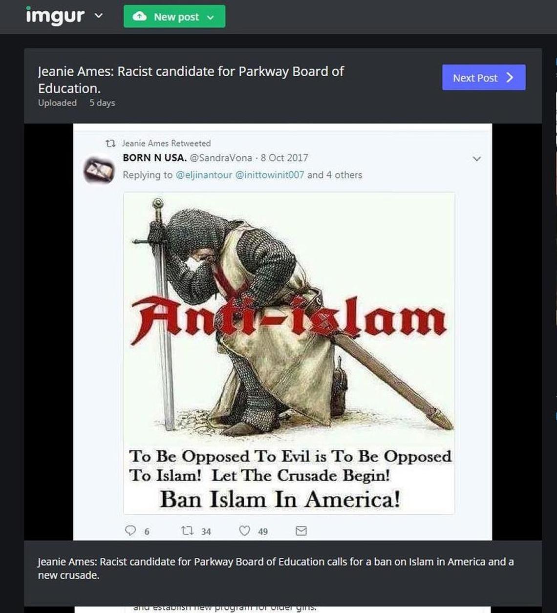 Jeanie Ames, a Missouri school board candidate, is under fire for tweets that include message like “Ban Islam in America!”