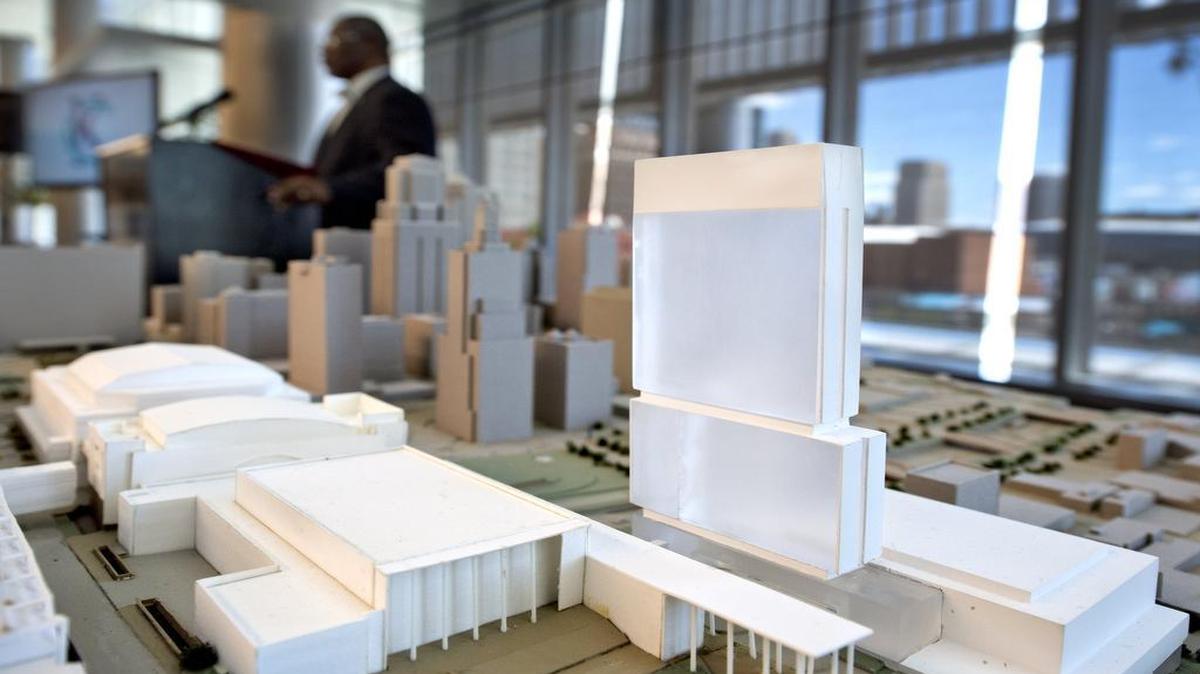
In May, Mayor Sly James of Kansas City announced the development of a 800-room downtown convention hotel. A scale model of the hotel project and convention center sat near the mayor.
