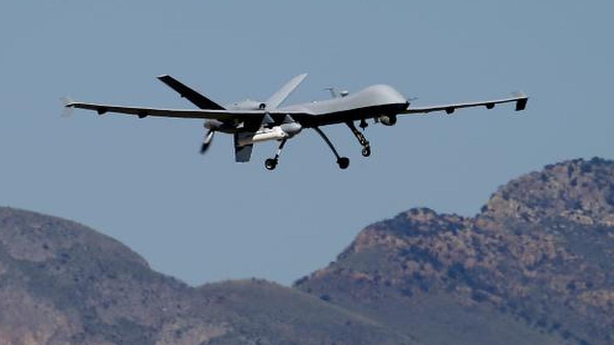 
A U.S. Customs and Border Patrol drone aircraft lifts off at Fort Huachuca in Sierra Vista, Arizona
