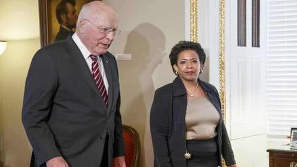 
Attorney General nominee Loretta Lynch meets with Senate Judiciary Committee Chairman Sen. Patrick Leahy, D-Vt. on Capitol Hill in Washington
