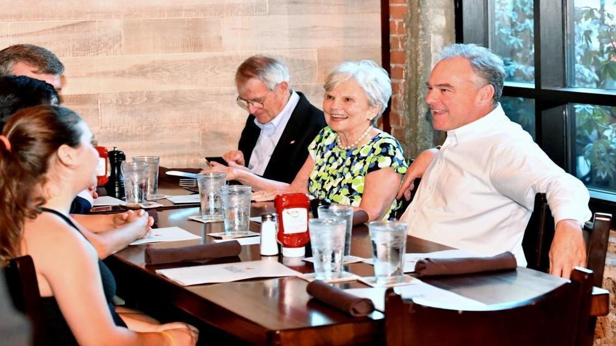 Sen. Tim Kaine (right), the Democratic nominee for vice president, on Wednesday returned to Kansas City, where he grew up, to attend a fundraiser for the campaign and the Missouri Democratic Party. He joined his parents, Kathleen and Al Kaine, for dinner at Fiorella’s Jack Stack Barbecue.