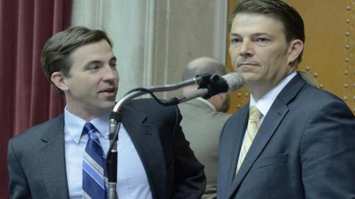 Rep. Jay Barnes (left) and House Speaker Todd Richardson on the floor of the Missouri House. Barnes is sponsoring legislation granting 10 days of paid family leave to state employees, an idea Richardson says will be a priority in 2017.
