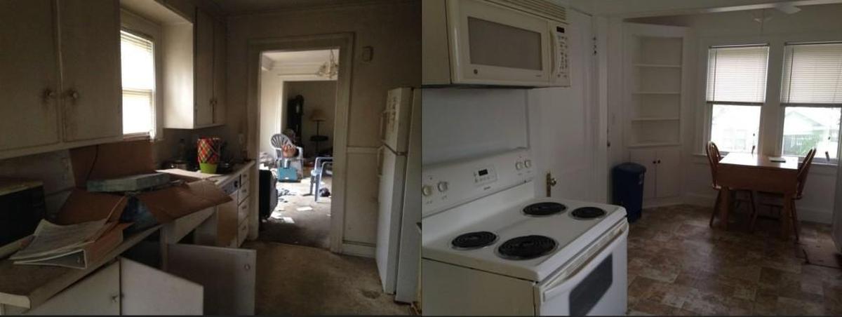 These are before and after photos of 6617 Tracy Ave., which is now the only completed rehabilitation from Legal Aid’s Adopt-a-Neighborhood project.
