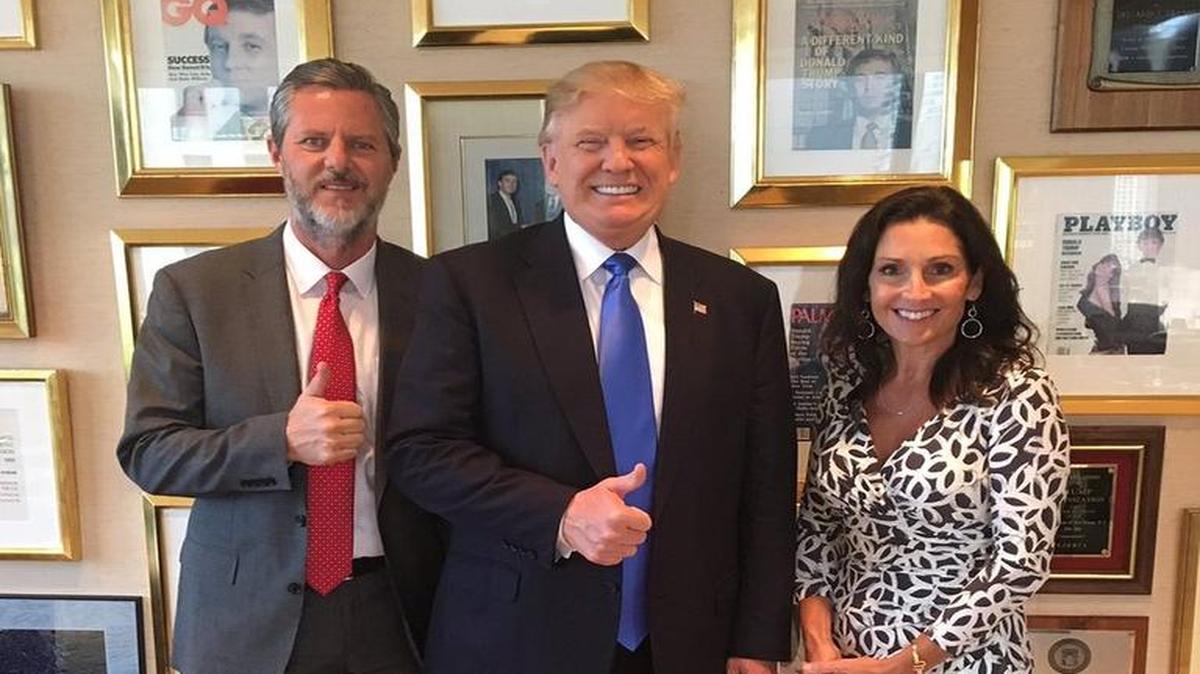 This photo of (from left) Jerry Falwell Jr., Donald Trump and Falwell’s wife, Becki, got the Christian leader into some hot water Tuesday.