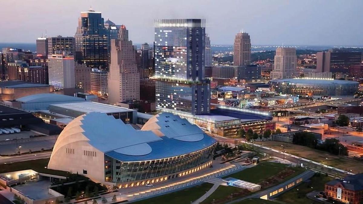 
A rendering of the proposed convention hotel, viewed here behind the Kauffman Center. 
