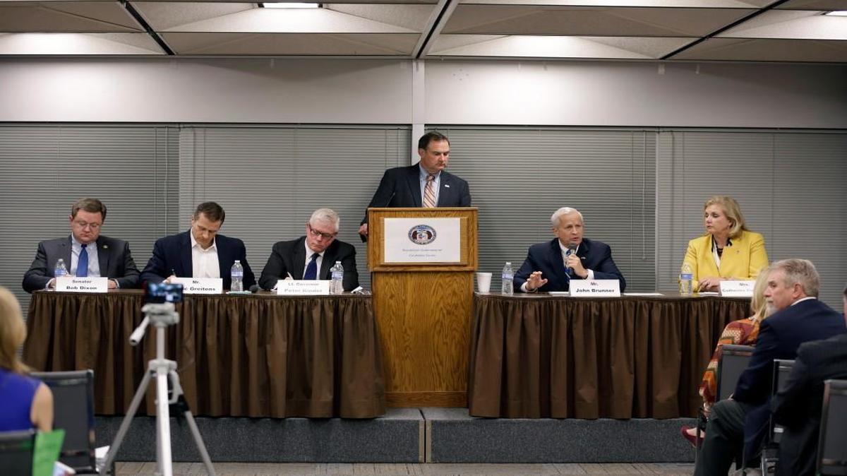 Five Missouri Republican gubernatorial candidates participated Tuesday night in a forum in Jefferson City. Standing at center was the moderator, Mike Kehoe. The candidates attending were (from left) Missouri Sen. Bob Dixon, former Navy SEAL Eric Greitens, Lt. Gov. Peter Kinder, businessman John Brunner and former Missouri House speaker Catherine Hanaway.