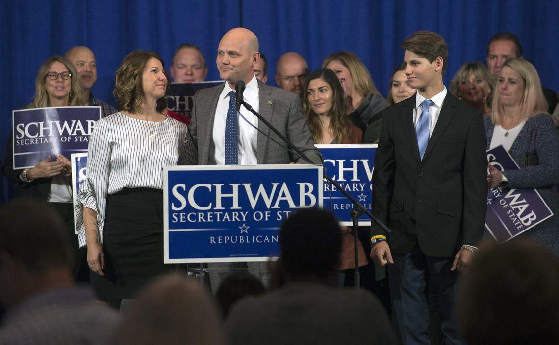 Scott Schwab with his wife Michele and son, Nathan, addressed his supporters after defeating Democrat Brian McClendon in the race for Kansas Secretary of State in 2018. Schwab took the office after former Secretary of State Kris Kobach held the office for 8 years where he made the hunt for election fraud a priority.