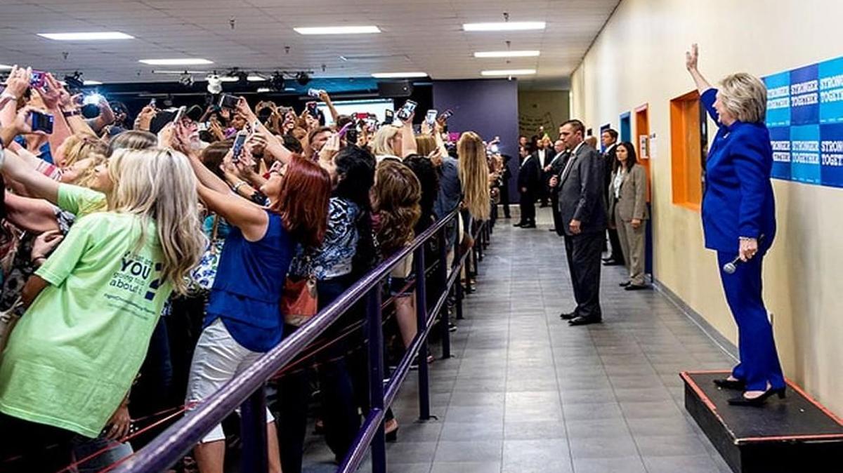 This photo by Clinton campaign photographer Barbara Kinney shows what happened when the candidate invited supporters to take a group selfie last week.