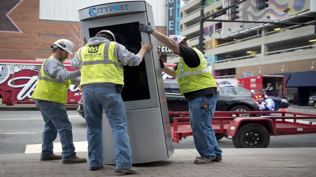 Kiosks along Kansas City’s streetcar line, like this one installed in March, are part of a fledgling effort to create a “smart city” that collects data to improve public services.
