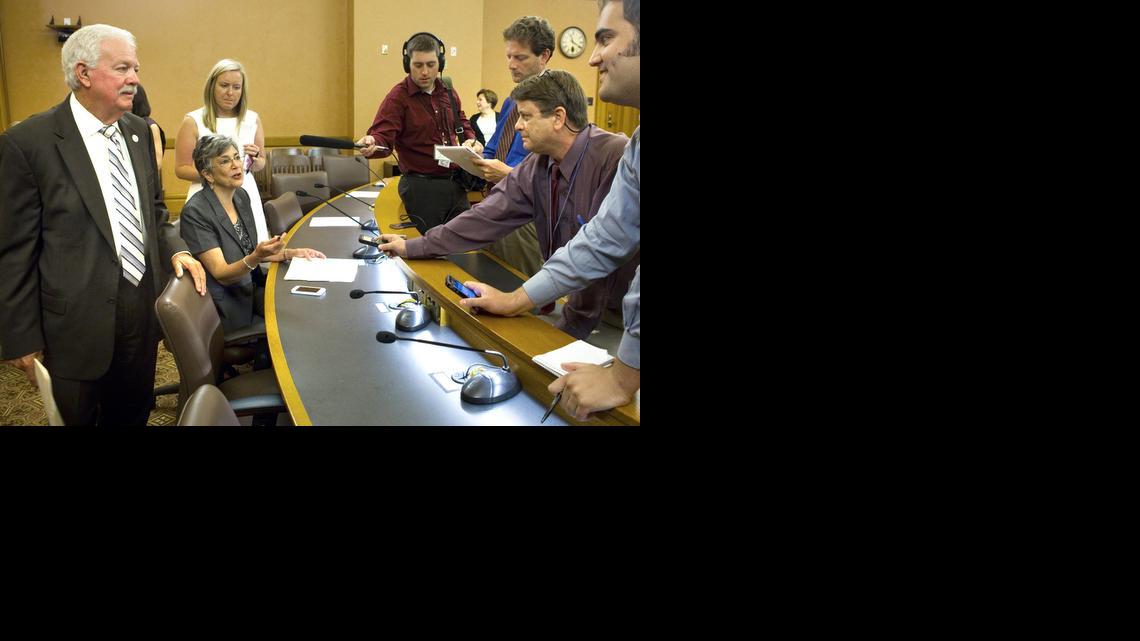 
Senate President Susan Wagle, right, and House Speaker Ray Merrick, left, both Republicans, talked to the press after a Legislative Coordinating Council's meeting at the statehouse, Thursday, June 19, 2014.
