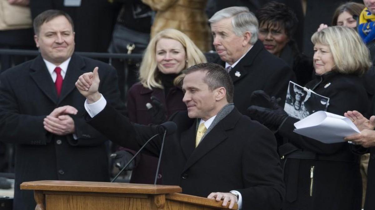 New Missouri Gov. Eric Greitens gave a thumbs-up after taking the oath of office Monday in Jefferson City.