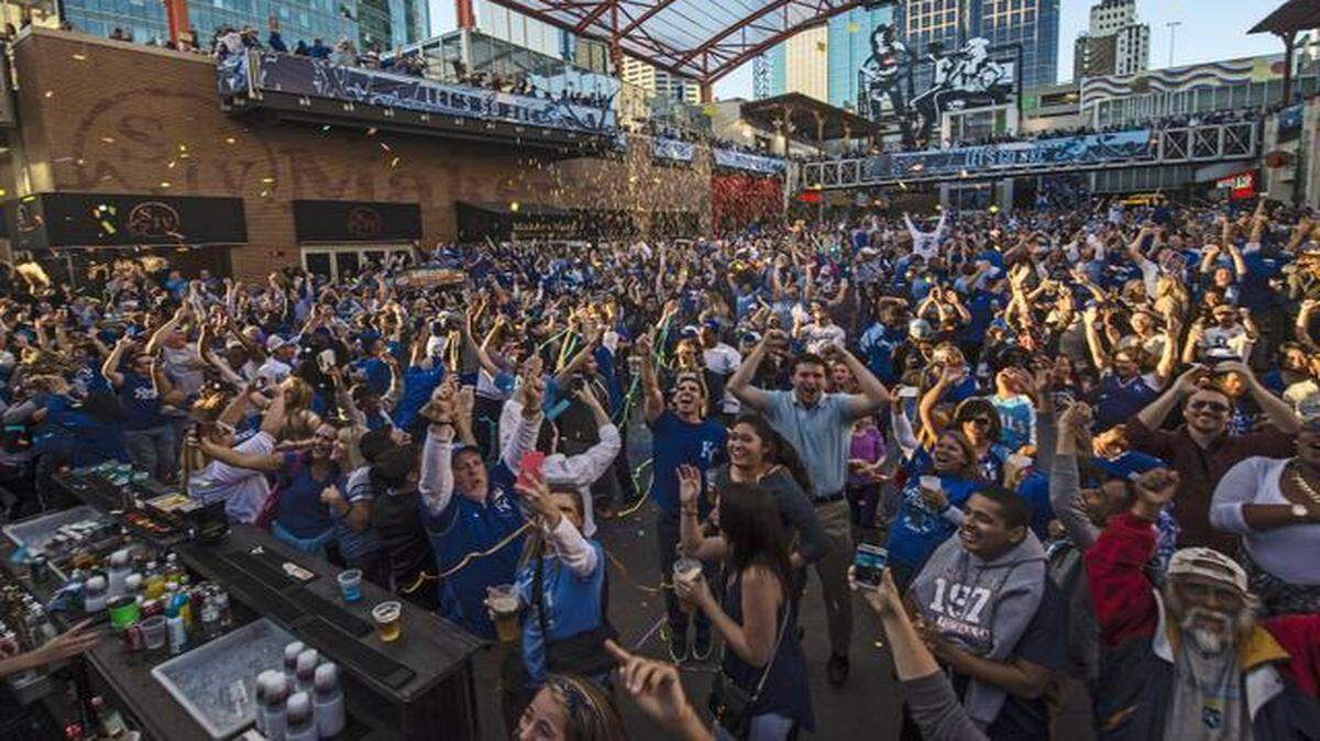 
Fans watching a big screen in the Power & Light District celebrated in October when they saw the Royals win the American League pennant.
