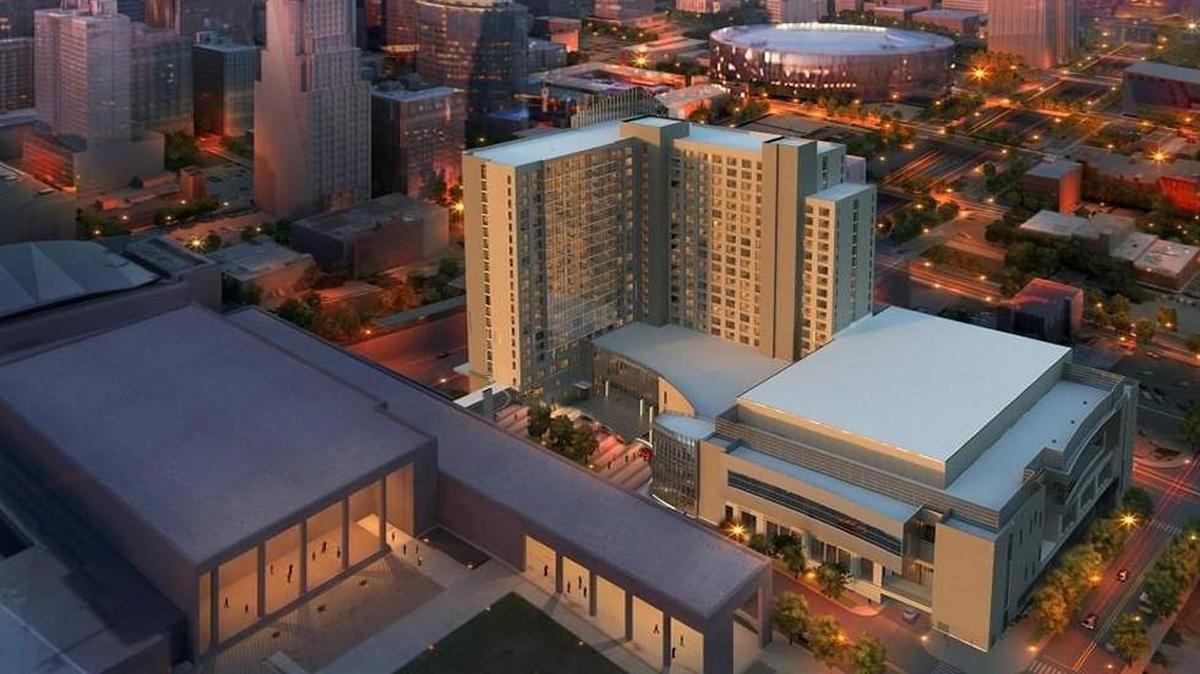 An aerial rendering shows the planned convention hotel in downtown Kansas City.