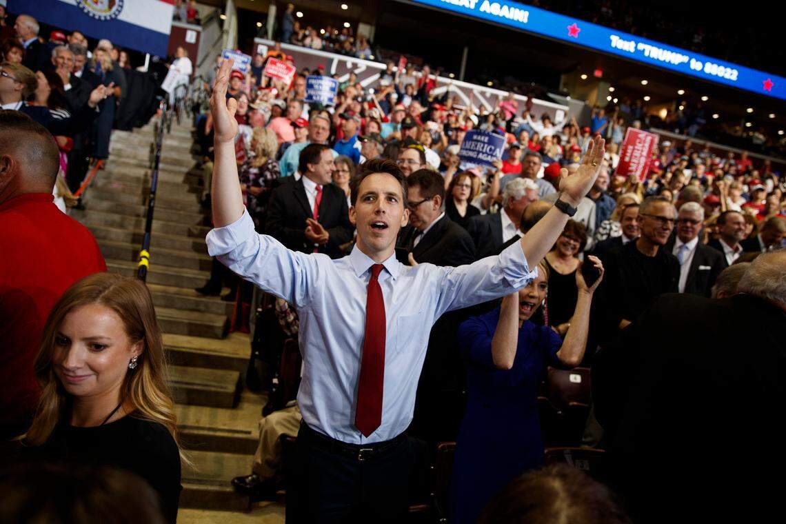 Josh Hawley dances before President Donald Trump speaks during a campaign rally, Friday, Sept. 21, 2018, in Springfield, Mo.