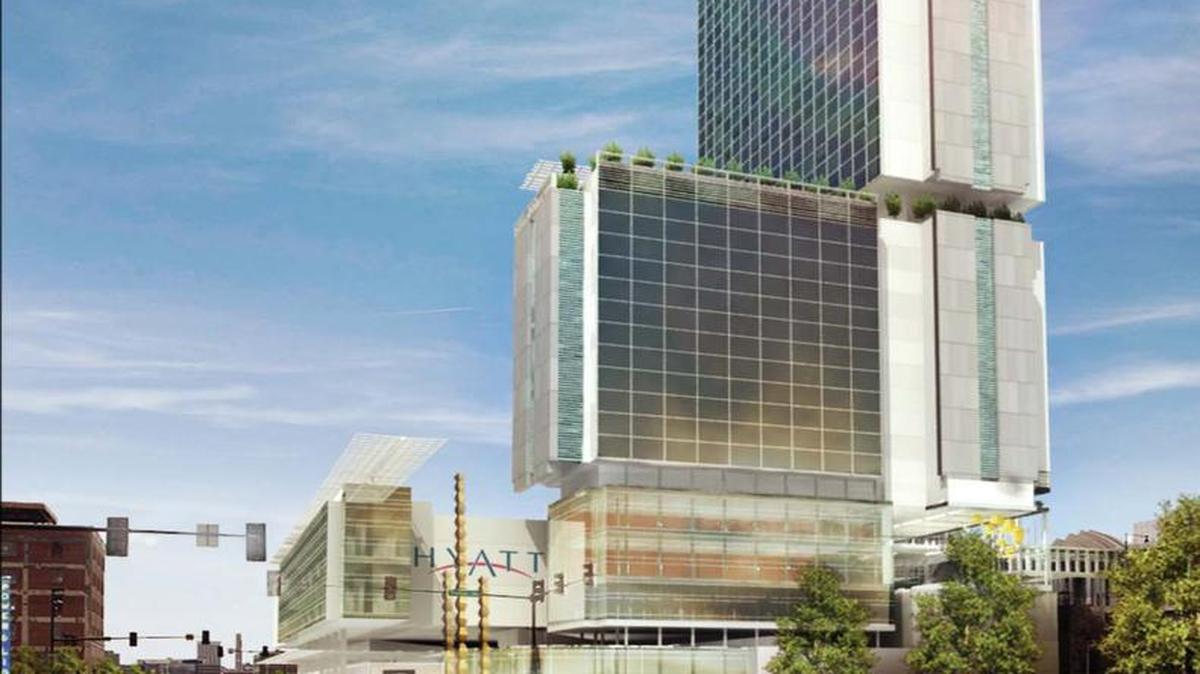 
The proposed Hyatt would add 800 rooms downtown. This rendering shows the $302 million project at 16th and Baltimore streets.
