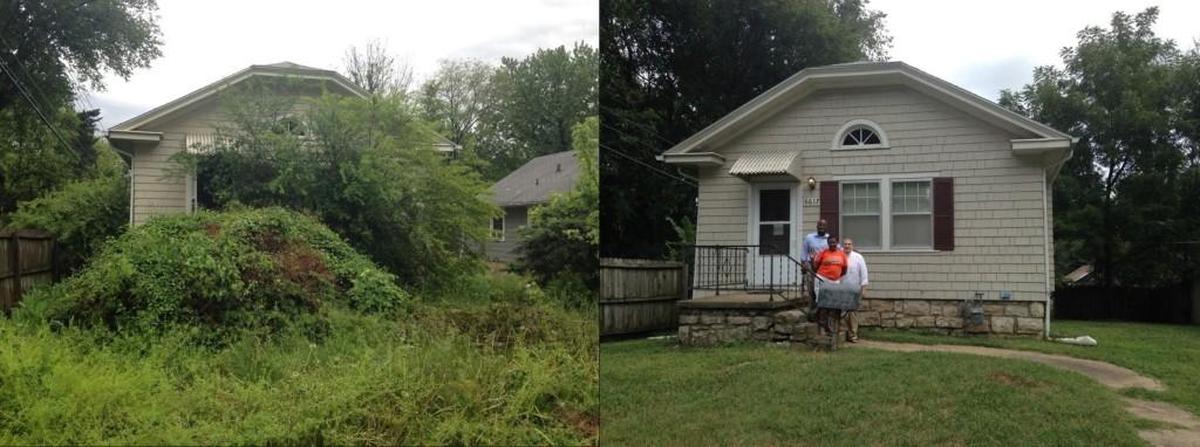 These are the before and after photos of 6617 Tracy Ave., which is now the only completed rehabilitation from Legal Aid’s Adopt-a-Neighborhood project. (From left): Alex Acsenvil, president of Neighbors United for Action, Nina Whiteside-McCord, secretary of Neighbors United for Action and the property’s developer Robert Jenkins of Heirloom Enterprises.
