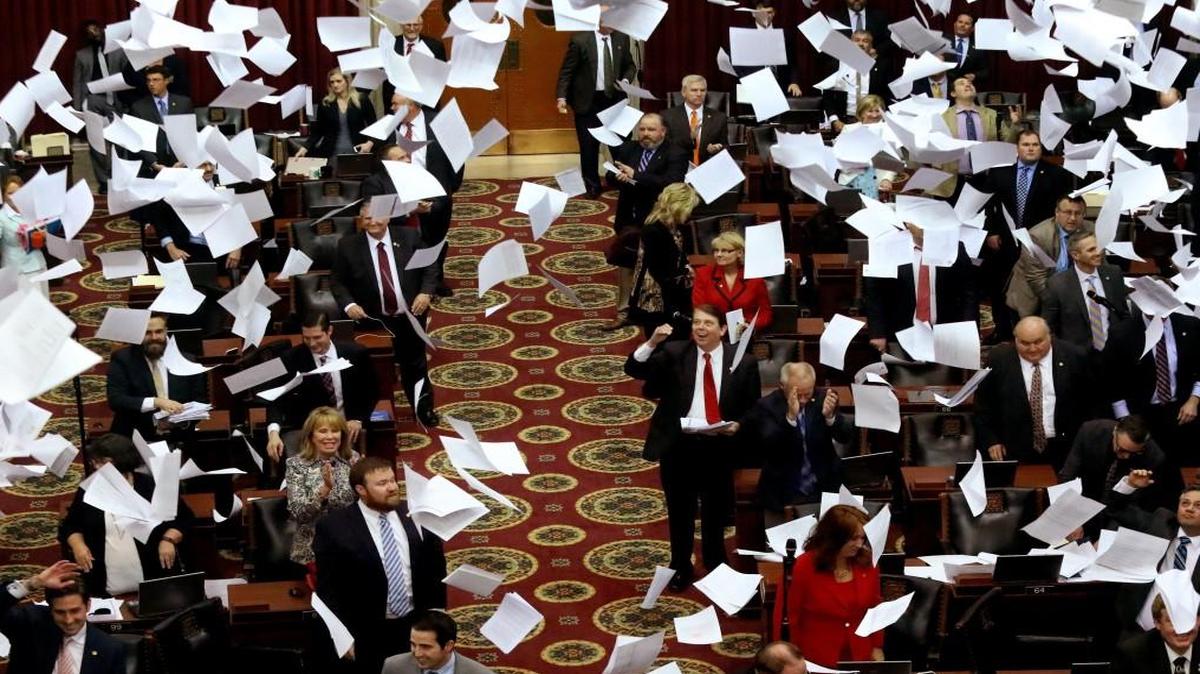 Missouri legislators did the traditional paper toss on the last day of the legislative session on May 12. They have since been called back for two special sessions.