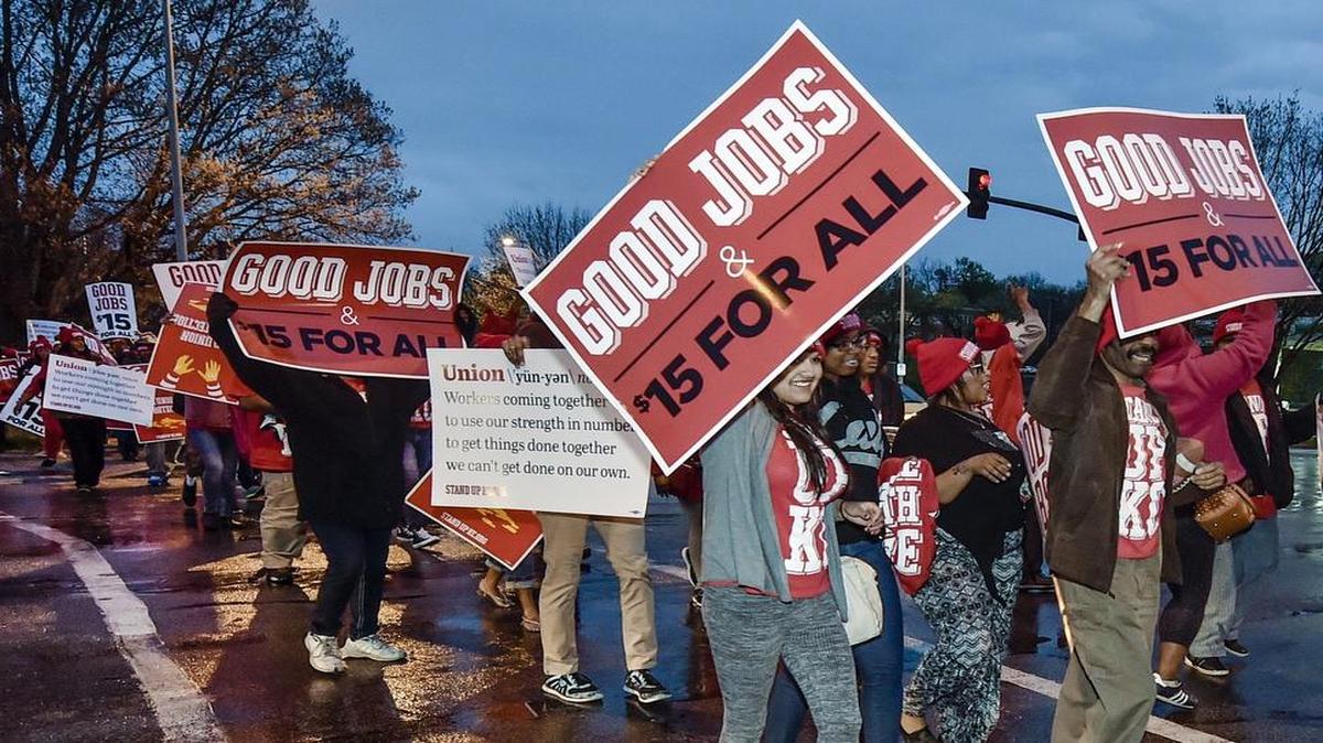 
Protesters pushed for wage increases for workers in food service and other low-income employees in Kansas City on April 15.
