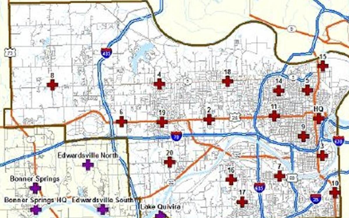 
Development in the western part of Wyandotte County may demand more services from the Kansas City, Kansas Fire Department, consultants told the Unified Government on Thursday. The red crosses represent fire stations. 
