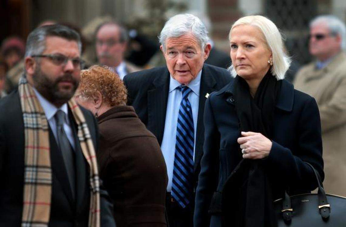 Former U.S. Sen. Christopher ‘Kit’ Bond leaves The Church of St. Michael and St. George in Clayton, Mo., after attending the funeral for Missouri State Auditor Tom Schweich.