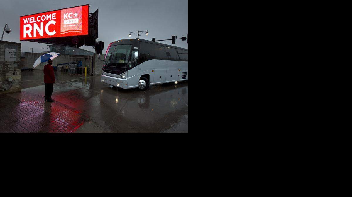 
A bus carrying visiting members of the Republican National Committee's site selection delegation arrived at the Sprint Center on Thursday morning, June 4, 2014, for a tour.

