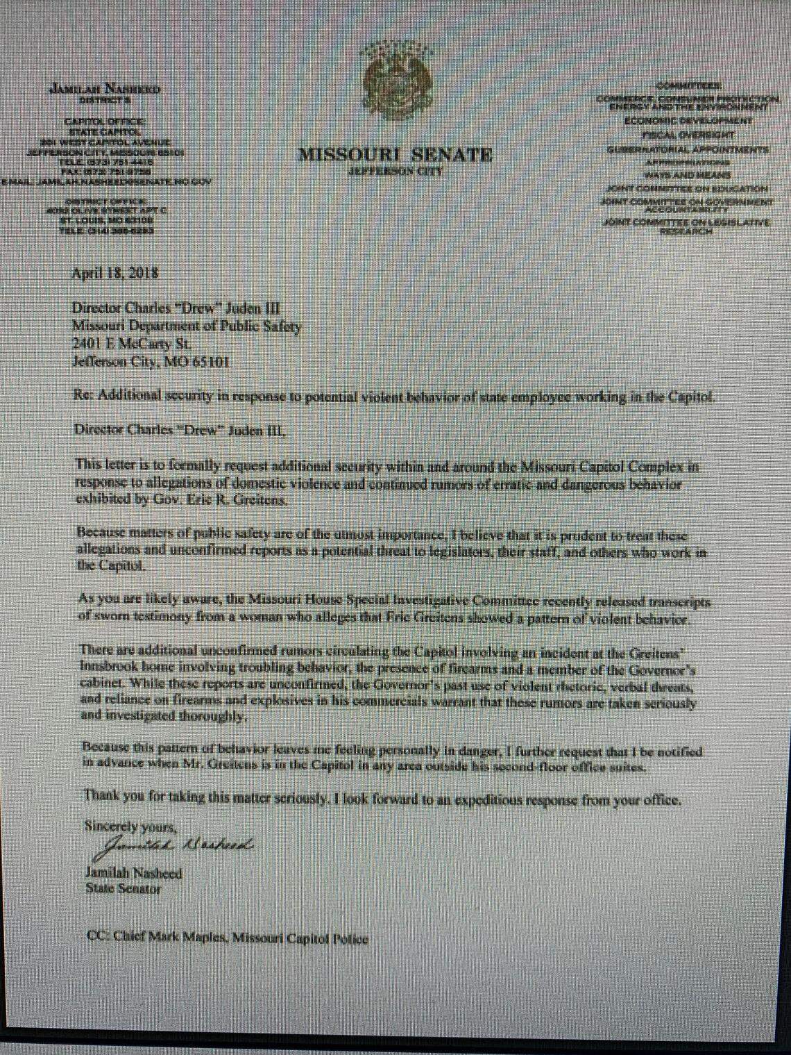 In 2018, then-Sen. Jamilah Nasheed sent a letter to the Missouri Department of Public Safety raising concerns about Gov. Eric Greitens.