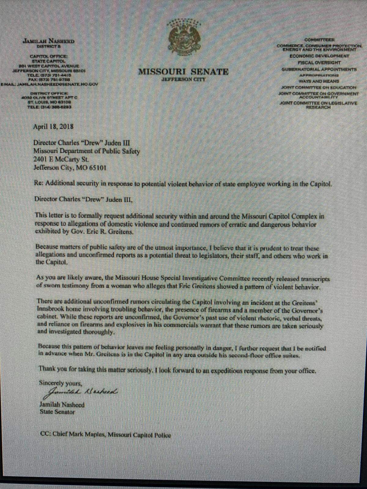In 2018, then-Sen. Jamilah Nasheed sent a letter to the Missouri Department of Public Safety raising concerns about Gov. Eric Greitens.