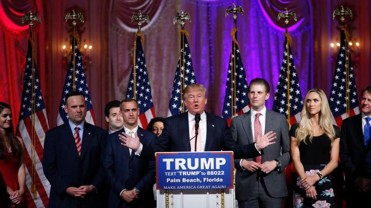 Republican presidential candidate Donald Trump speaks to supporters at his primary election night event at his Mar-a-Lago Club in Palm Beach, Fla., Tuesday.
