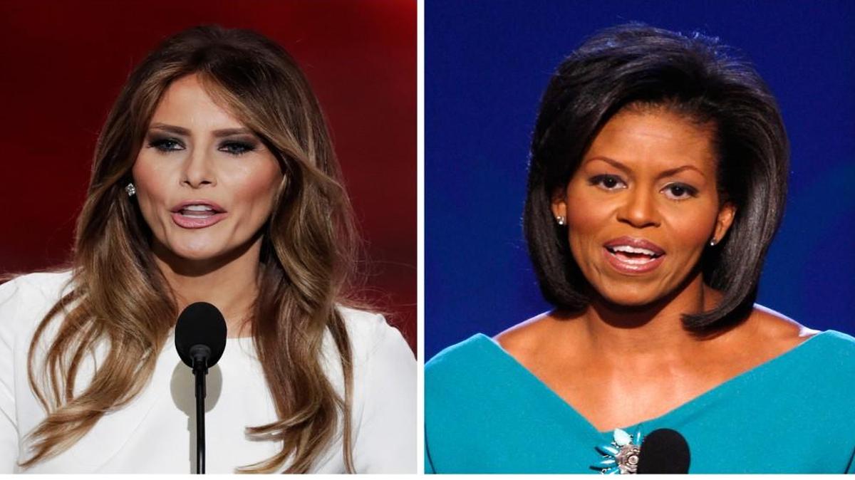 In this combination of photos, Melania Trump, left, wife of Republican presidential candidate Donald Trump, spoke during the opening day of the Republican National Convention in Cleveland Monday, and Michelle Obama, wife of then-Democratic presidential candidate Barack Obama, spoke at the Democratic National Convention in Denver in 2008.