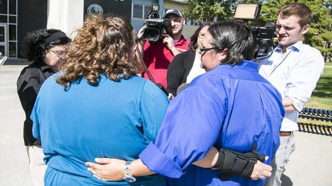
Aimee McCarter (left) and Jennifer Kozushko talked to the media after they were refused a marriage license Monday at the Sedgwick County Courthouse in Wichita. Earlier Monday, the U.S. Supreme Court declined to hear appeals from five states seeking to prohibit same-sex marriages, a decision that could clear the way for such unions in Kansas.
