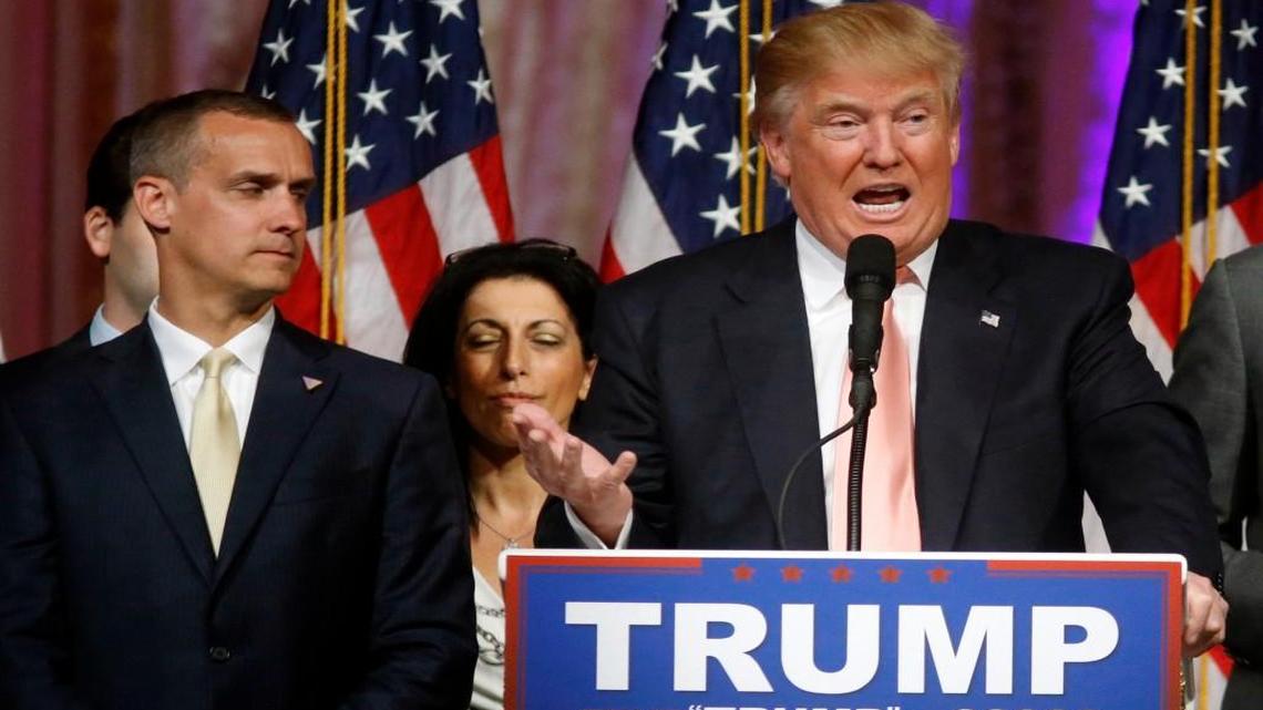 In this March 15 file photo, Donald Trump’s campaign manager, Corey Lewandowski, listened as Trump spoke in Palm Beach, Fla.