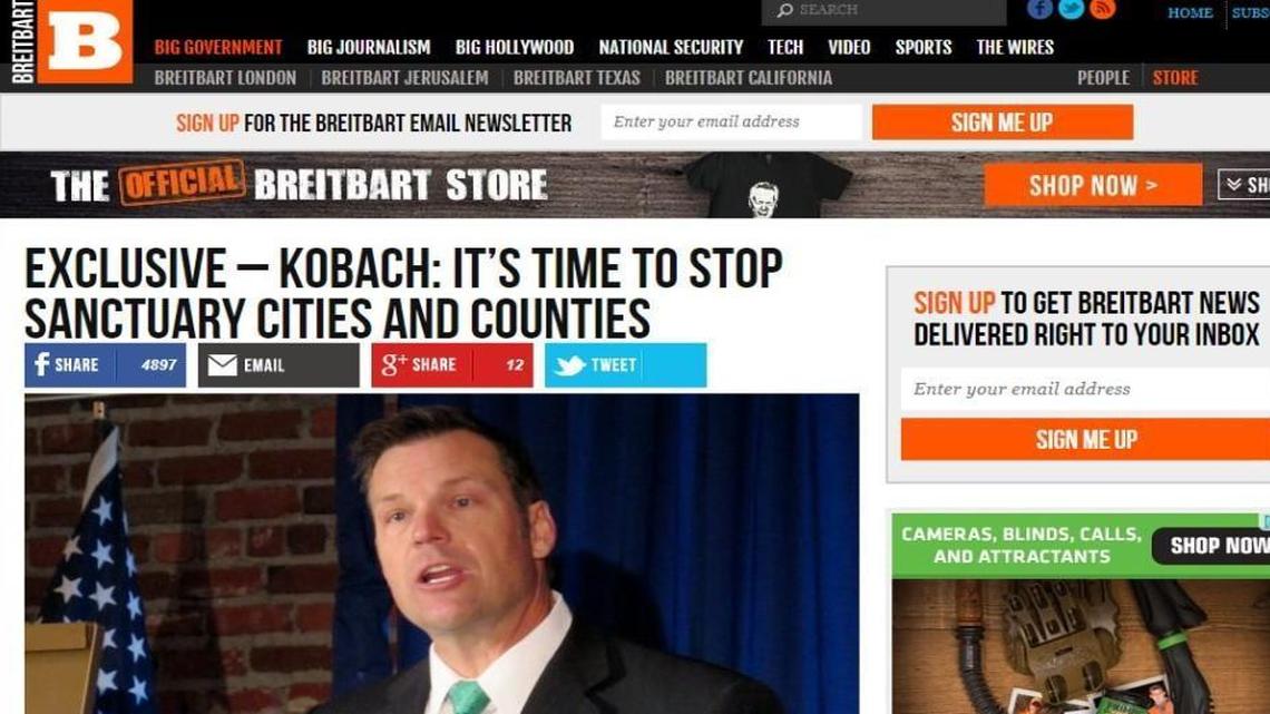 Kansas Secretary of State Kris Kobach, a Republican candidate for governor, has been writing a column for the Breitbart website.