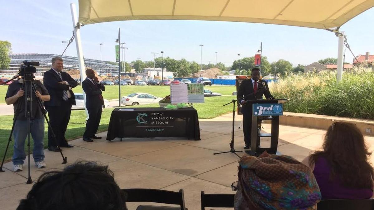 With the Urban Youth Baseball Academy under construction in the background, Kansas City Councilman Jermaine Reed discussed progess at 18th and Vine in the year since the City Council approved $7 million in improvements for the area.