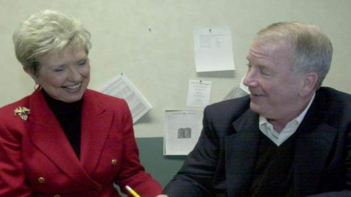 
Kay Barnes, conferring with campaign manager Pat Gray, was all smiles as mayoral election results trickled in.
