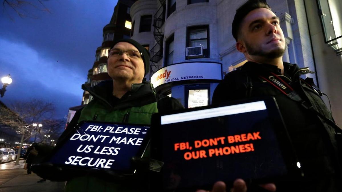 Demonstrators in February were mobilized over the FBI’s attempts to force Apple to create a way to break into the iPhone of a San Bernardino killer. Experts say law on such searches lags behind fast-evolving technology.
