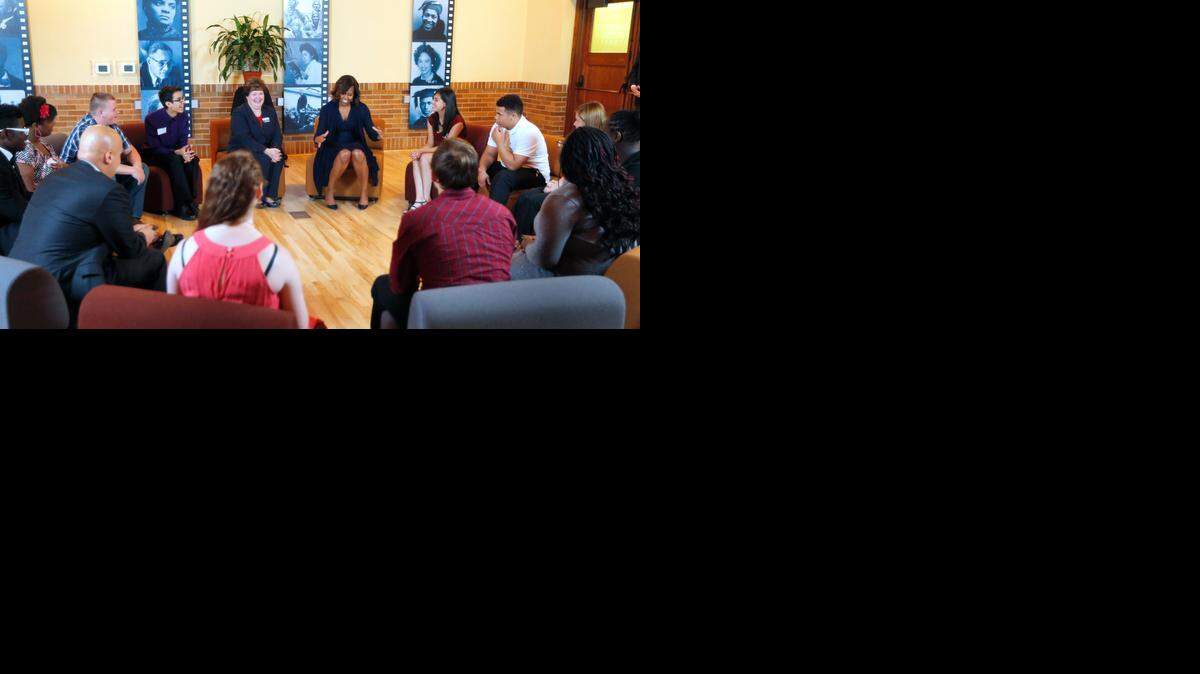 
First lady Michelle Obama led the discussion Friday at a roundtable with high school students in Topeka.
