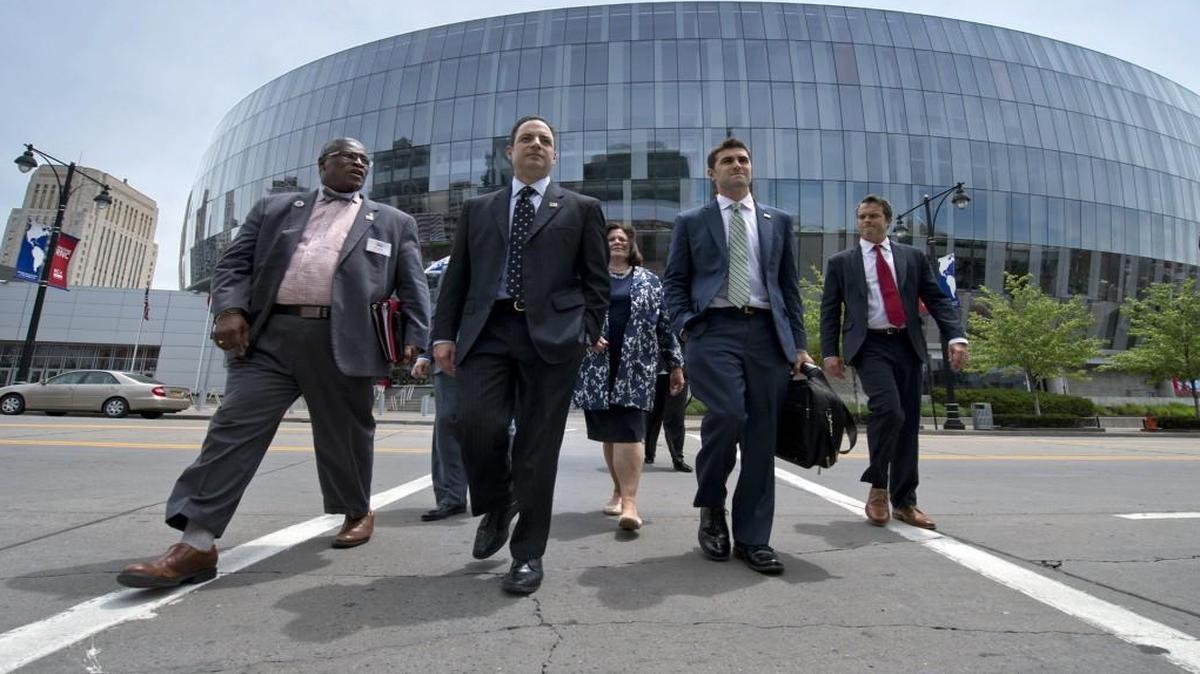 In 2014, Republican National Committee Chairman Reince Priebus (center) walked with Mayor Sly James (left) on a tour of Kansas City, then a candidate for the 2016 Republican National Convention. The Republicans ultimately passed on Kansas City, taking their convention to Cleveland.