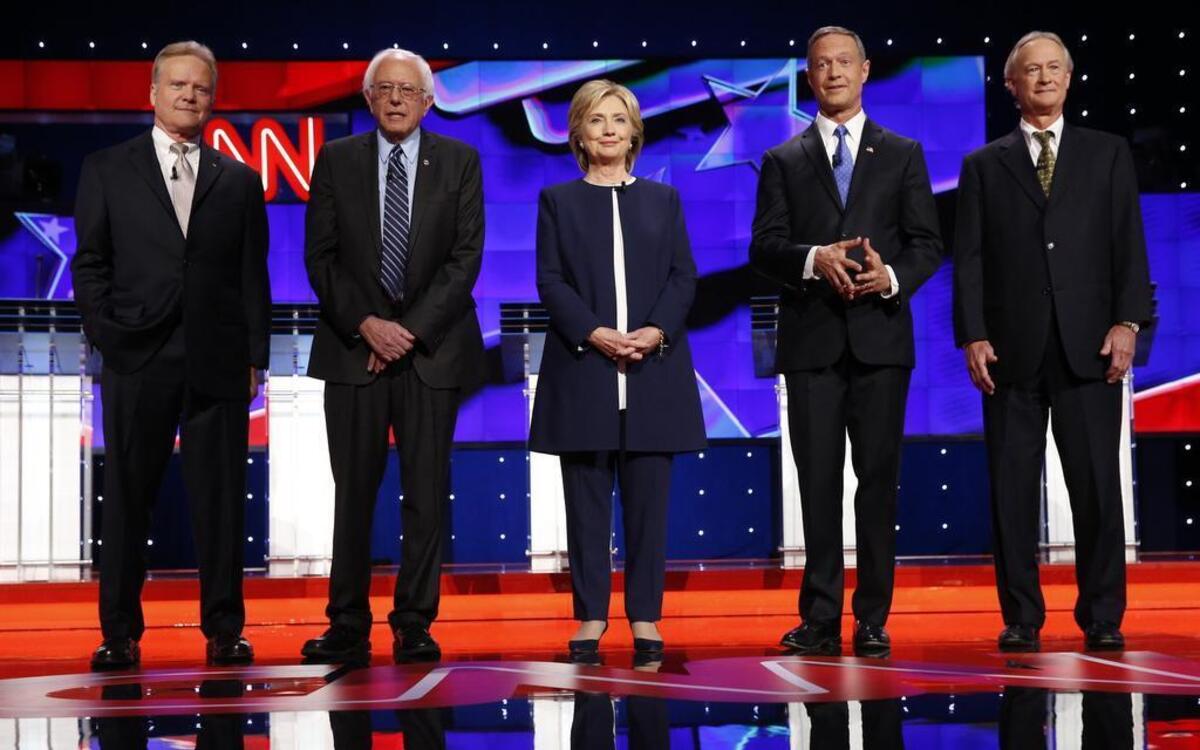 
Democratic presidential candidates (from left) Jim Webb, Bernie Sanders, Hillary Clinton, Martin O’Malley and Lincoln Chafee debated Tuesday in Las Vegas.

