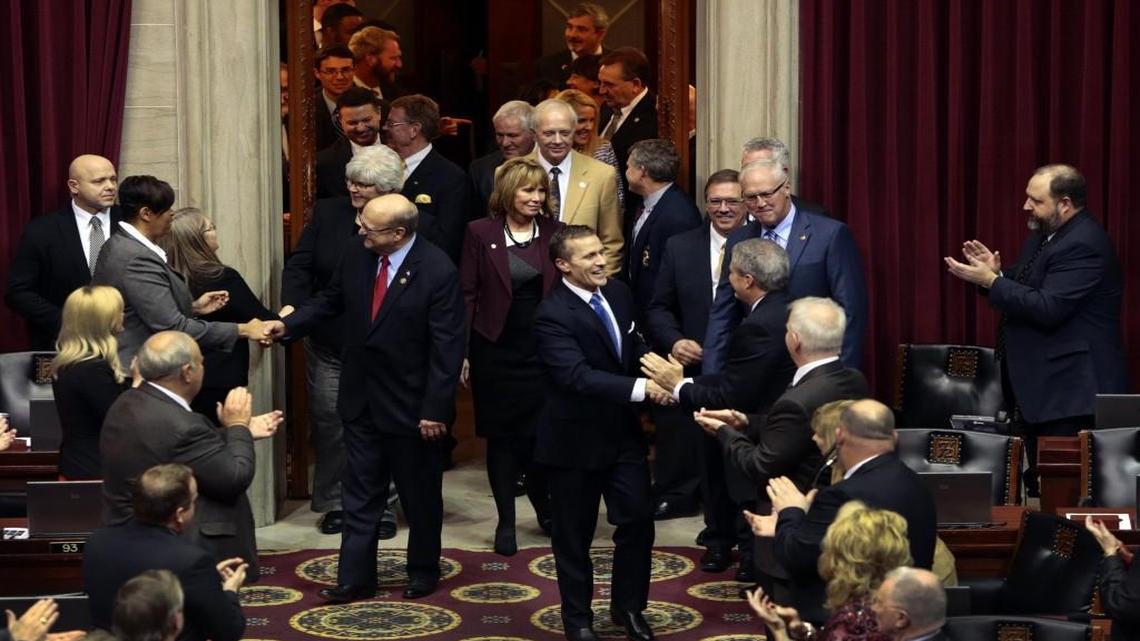 A bipartisan group of senators has openly questioned whether Missouri Gov. Eric Greitens, shown here at his State of the State address earlier this year, should have called lawmakers back into session to consider abortion legislation.