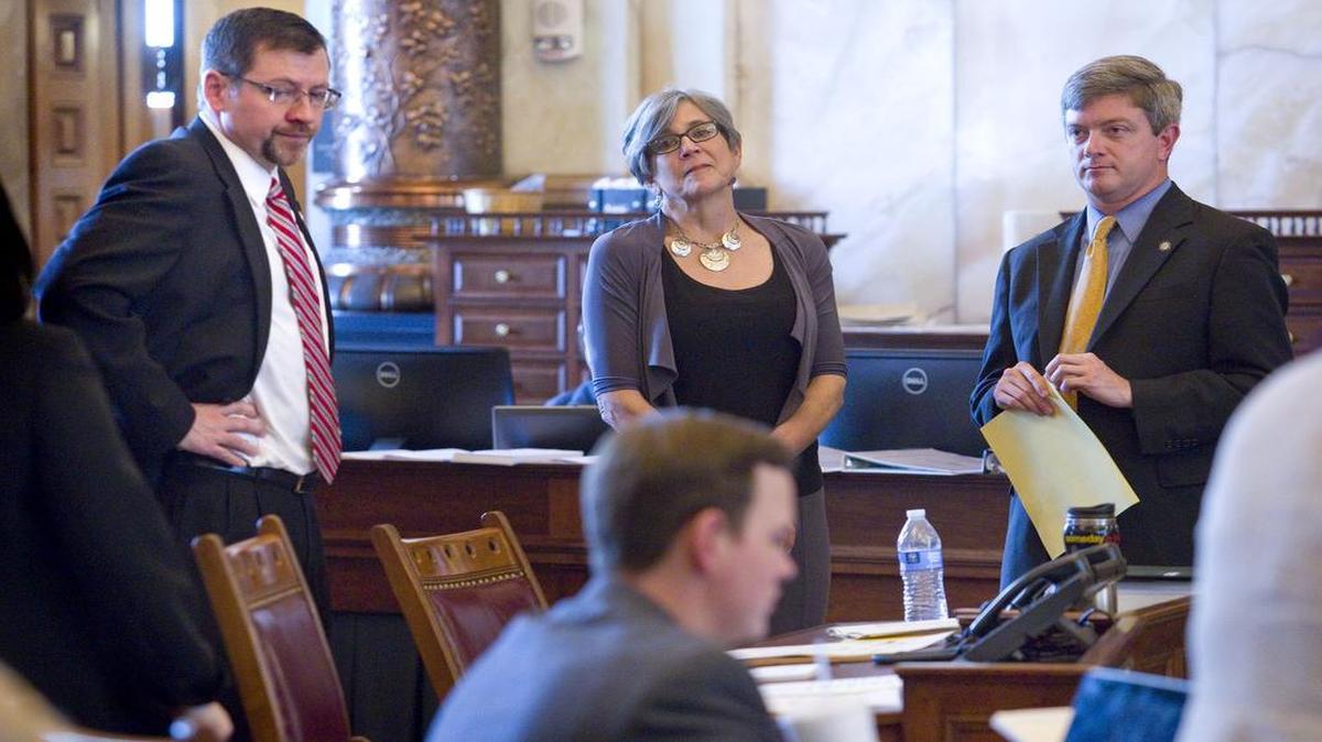 
Putting together a tax plan is proving to be difficult for the Senate leadership, Majority Leader Terry Bruce, R-Hutchinson, left, , Senate President Susan Wagle, R-Wichita and Senate Vice President Jeff King, R-Independence. The Senate was expected to begin yet another tax debate at some point Monday, June 1, 2015, as lawmakers attempt to pass a balanced budget.
