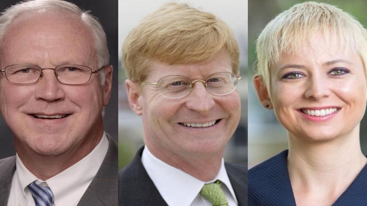 Candidates for eastern Jackson County’s 8th District seat in the Missouri Senate: (from left) Republican Mike Cierpiot, independent Jacob Turk and Democrat Hillary Shields.