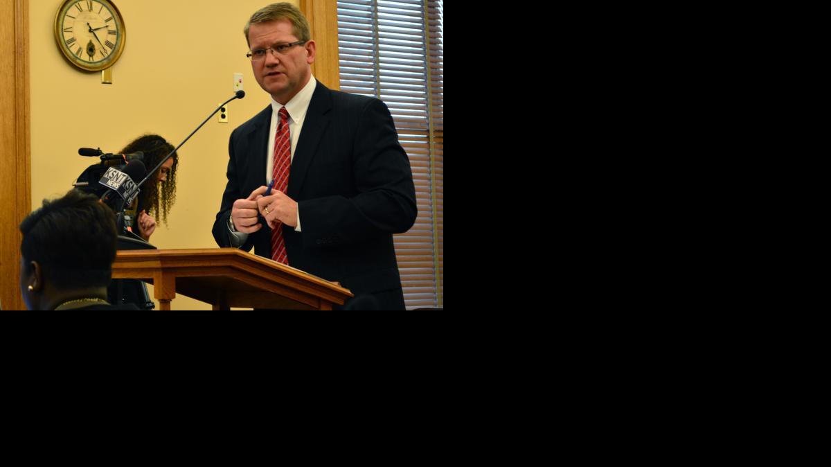 
Scott Schultz, executive director of the Kansas Sentencing Commission, testifies during a legislative hearing in favor of a bill lessening penalties for first- and second-time marijuana possession
